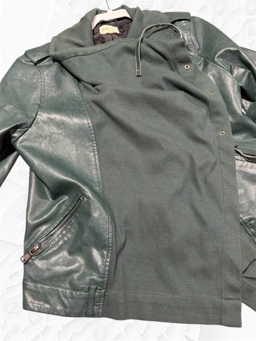 Jolt Forest Green Draped Faux Leather Jacket - Picture 3 of 10